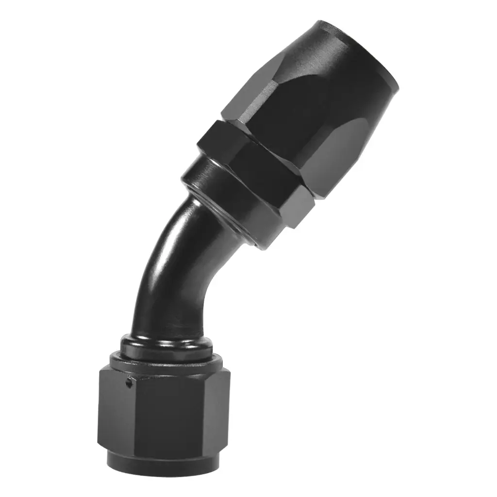 45 Deg. AN Swivel Hose End, Aluminum, Black or Red/Blue, Multiple Sizes