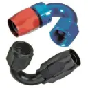 150 Deg. AN Swivel Hose End, Aluminum, Black or Red/Blue, Multiple Sizes