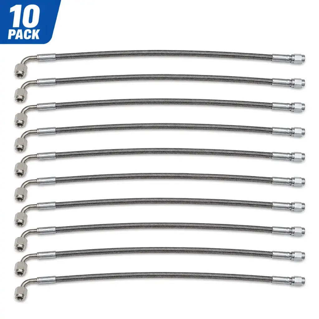 10 Pack Braided Stainless Steel Brake Lines, Straight x 90 Degree Ends, Made in USA