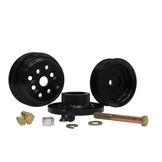 KRC Serpentine Pulley Kit SBC 15% Reduction Kit Includes Upper, Lower Pulley, Crank Hub, and Hardware