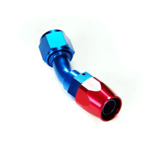45 Deg. AN Swivel Hose End, Aluminum, Black or Red/Blue, Multiple Sizes