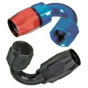 150° AN Swivel Hose End – Aluminum – Black or Red/Blue – Multiple Sizes