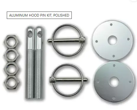 1019-Aluminum Hood Pin Kit (2 1/2"x3 1/2" Aluminum Hood Pins with Scuff Plates, Nuts & Torsion Pins)